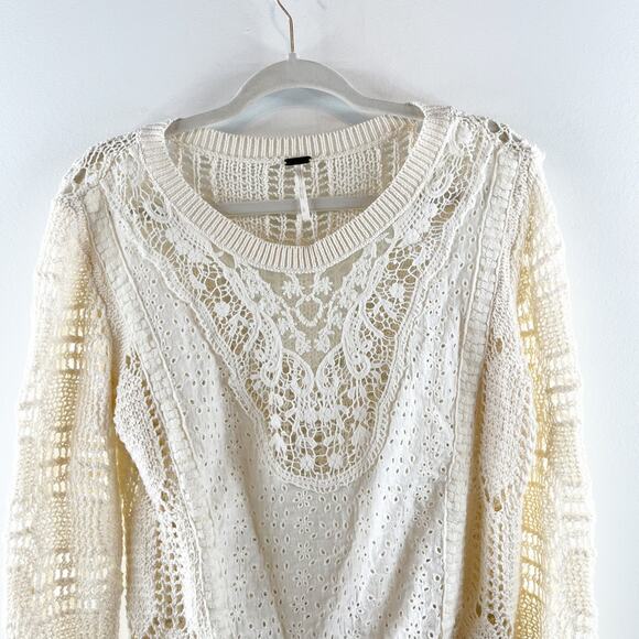 Free People Cotton Crochet Long Sleeve Crewneck Sweater Ivory Large - Picture 5 of 10
